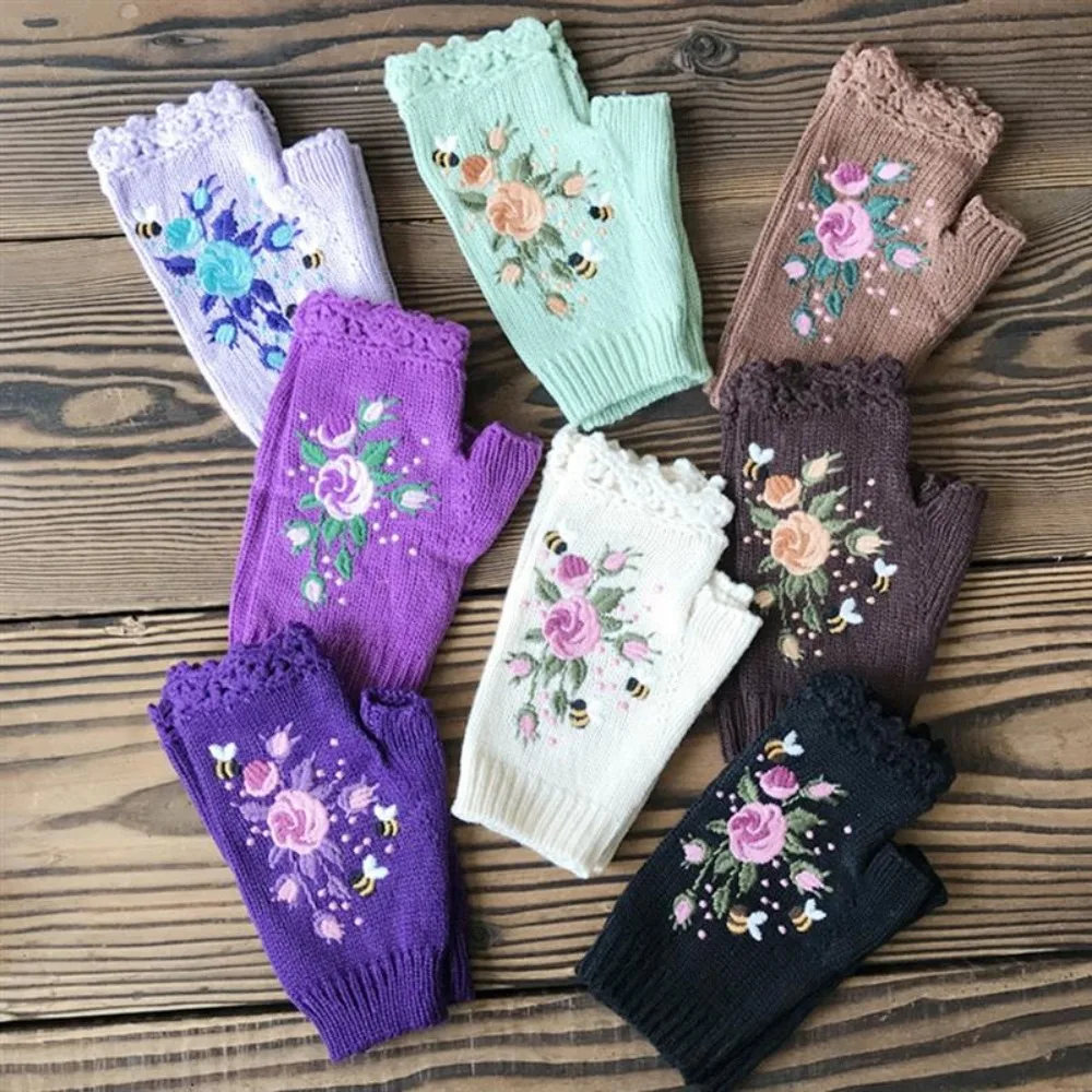 Fashion Floral Bee Embroidery Knitted Fingerless Gloves Keep Warm Thumb Holes Flower Mittens Wrist Length Mittens Women