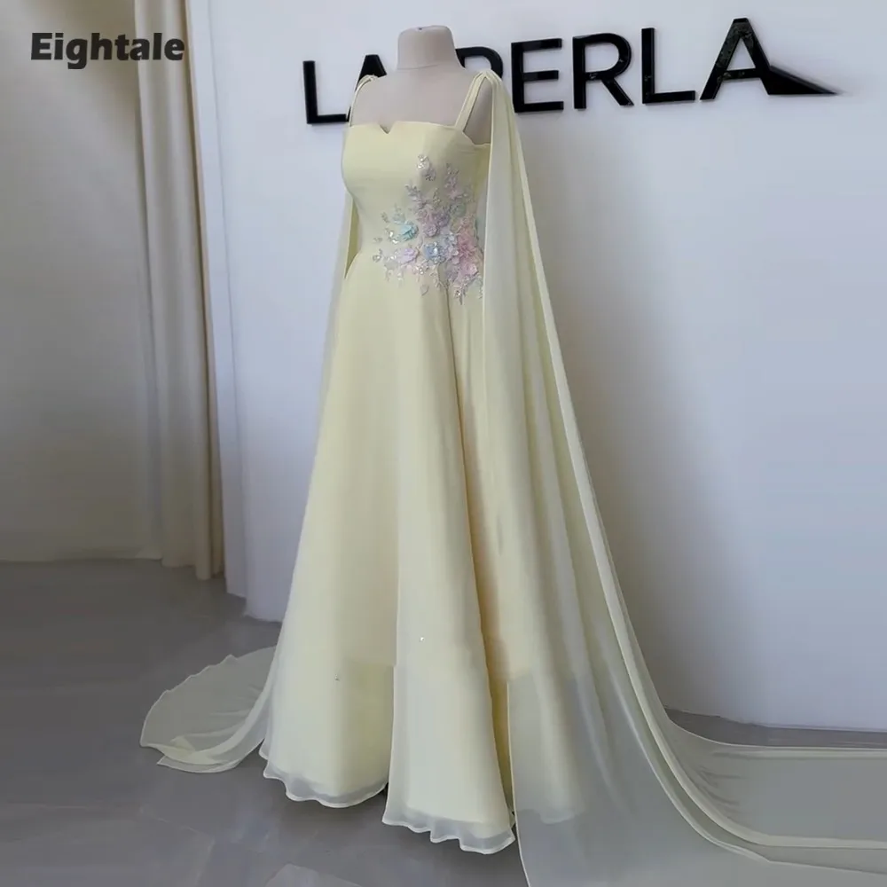 

Eightale арабские вечерние платья для свадебной вечеринки Милая индивидуальные шифоновые желтые 3D цветы трапециевидной формы мусульманские платья для выпускного вечера