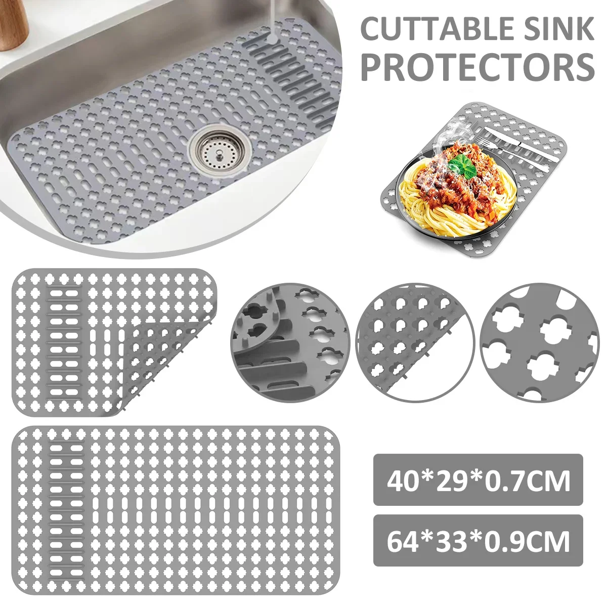 Silicone Sink Protector Non-slip Grey Sink Mat for Bottom Heat-Resistant Grid Tableware Dish Drying Pad Kitchen Draining Tool