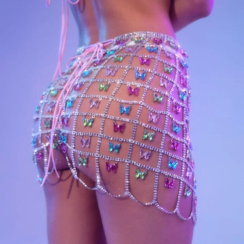 

Sexy Skirt Chain Body Jewelry Bikini Crystal Short Skirt Chain Three Point Thong Chest Chain Beach Outfit Waist Chain chain