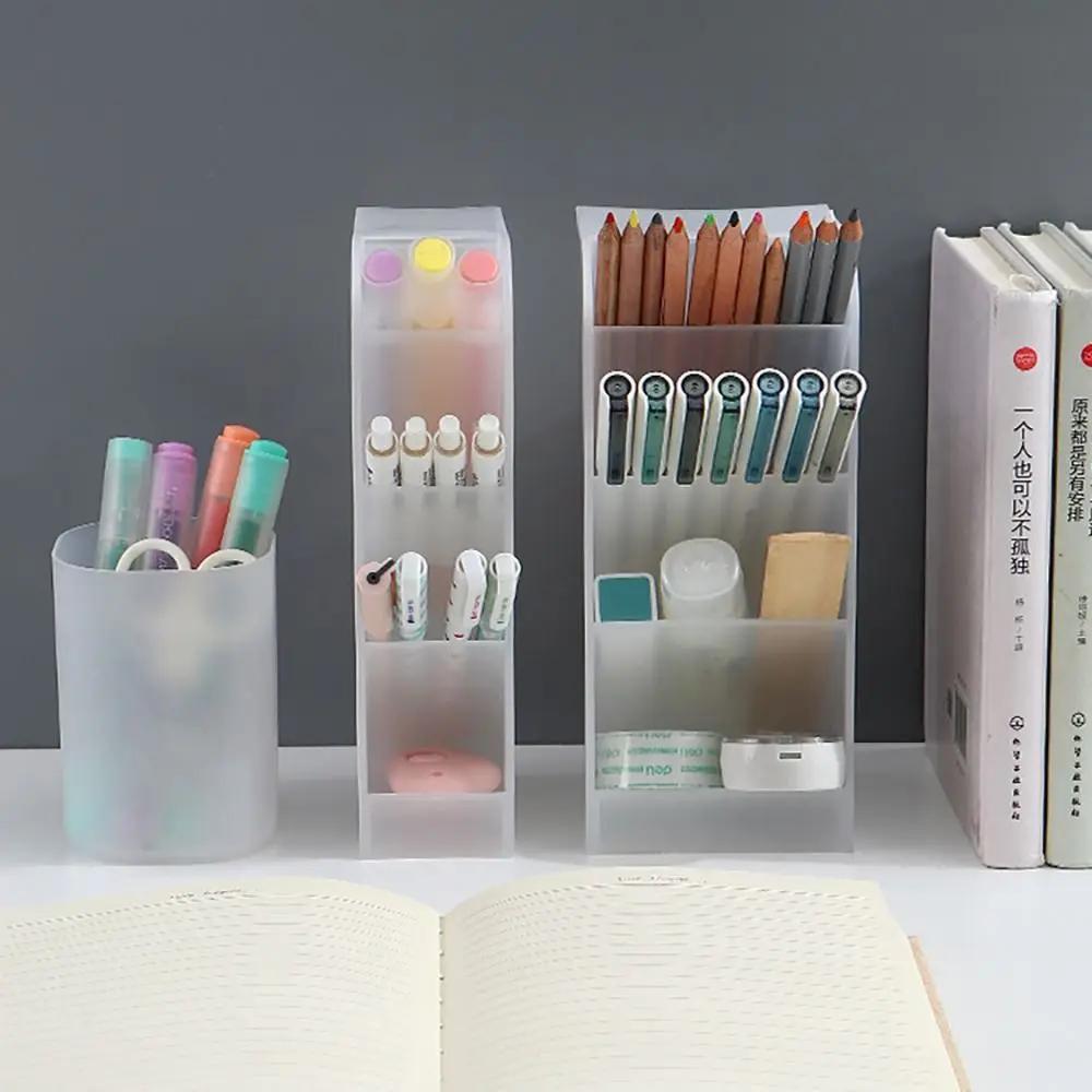 Plastic Pen Holder Frosted Transparent Pen Container Oblique Insertion High-capacity Makeup Brush Storage Bucket Students