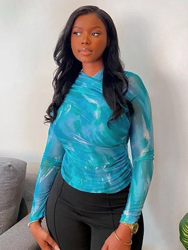 Casual Leisure Tie Dye Long Sve Slimming Waist T irt Overhead Top Women's Faion Spring Polymer Fiber Polyester round Ne