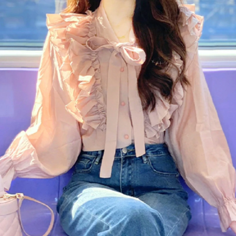 

Lotus Leaf Pink Sweet Shirt Spring Summer Fashion Blouse 2023 Korean Style Lace Shirt Long Sleeve V-neck Elegant Shirt for Women