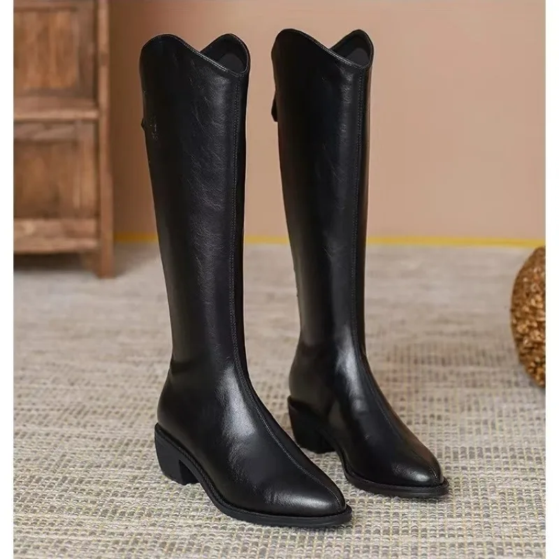 2025 New Coarse Following Pointed Toe V Mouth Knee-high Boots Rear Zipper Autumn Winter Shoe Leather Fashion Elegant Women Boots