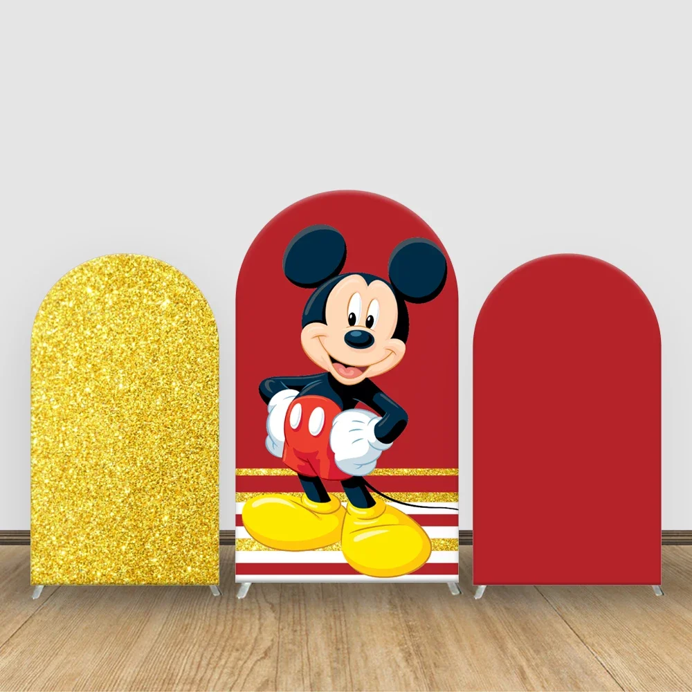 

Mickey Mouse Arch Backdrop Gold Glitter Red Birthday Party Decor Customized Elastic Fabric Disney Cartoon Photography Background