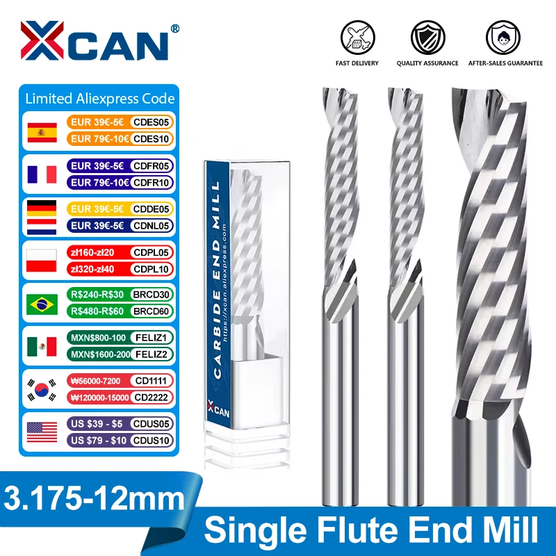 XCAN Milling Cutter AAAAA 3D CNC Router Bit 3.175/4/6/8/10/12mm Single Flute Spiral Carbide End Mill for Aluminum Wood Cutting