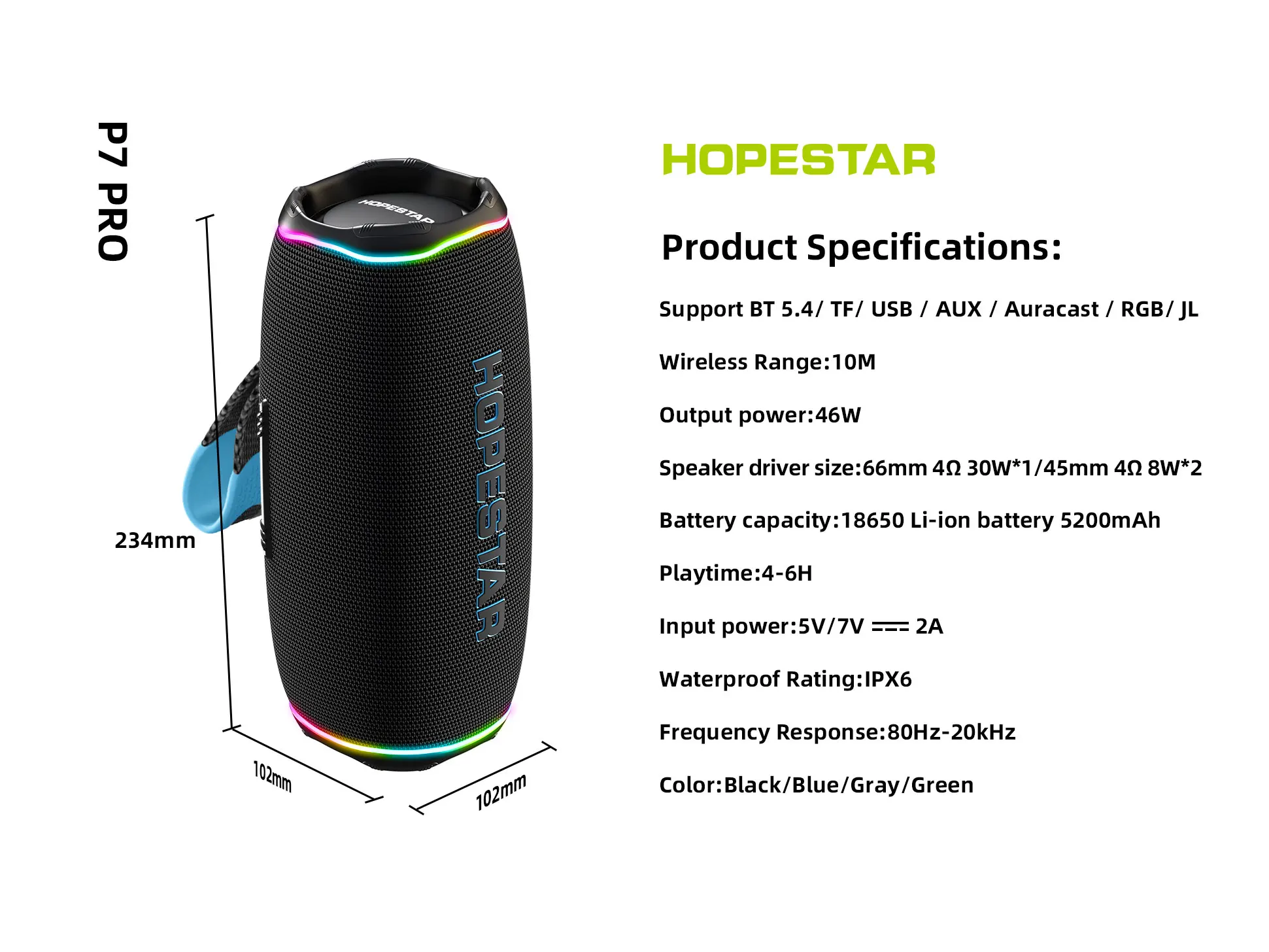 HOPESTAR P7PRO Новинка: Водонепроницаемая колонка 46 Вт с защитой IPX6, аккумулятором 5200 мАч и RGB-подсветкой для вечеринок на открытом воздухе и домашнего кинотеатра