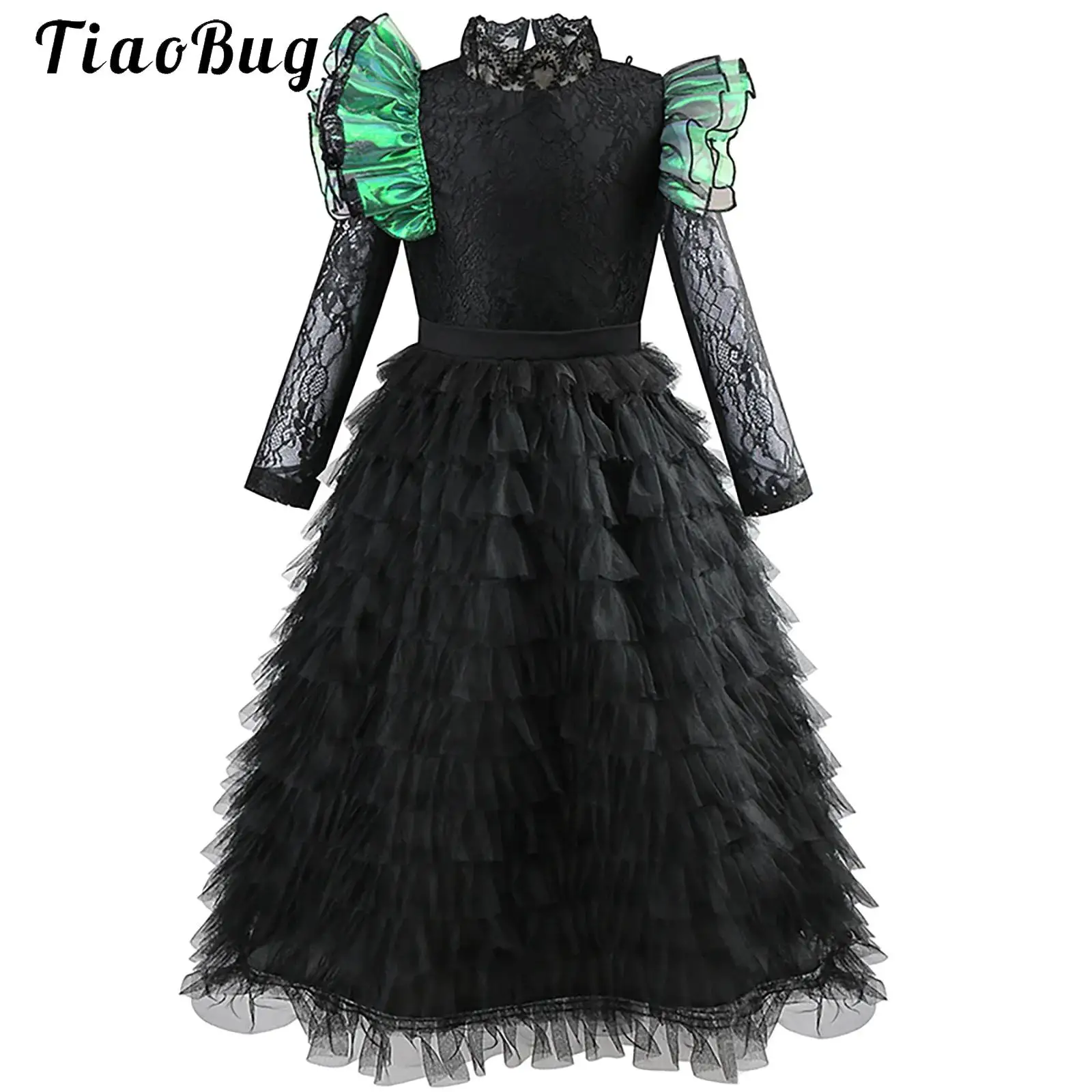 

Kids Girls Halloween Witch Cosplay Costumes Ruffled Lace Long Sleeve Multi-Level Puffy Skirt Black Long Dress for Carnival Party