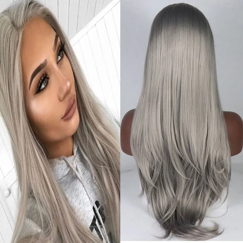 

Silver Grey Straight Synthetic 13x4 Lace Front Wigs High Quality Heat Resistant Fiber Hair Natural Hairline For Women Cosplay