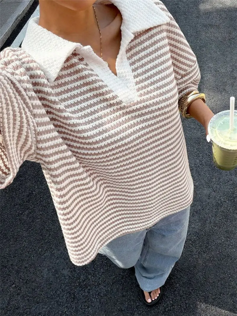 Women Striped Polo Knit Top Fashion Half Placket Short Sleeve Loose Textured Knitted Pullover Casual Basic Loose Versatile Top