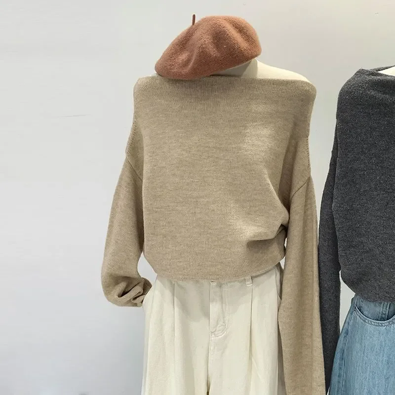 

French Lazy Style One-shoulder Loose Knitted Base Shirt Women Autumn Winter New Thin Sweater