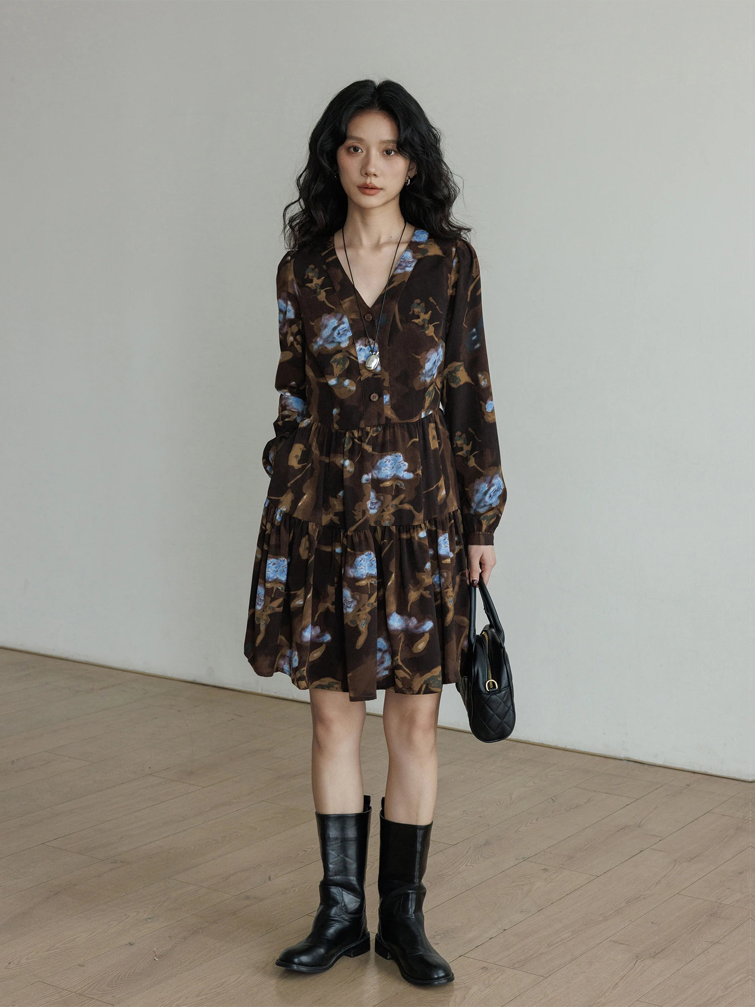 

Весенняя винтажная юбка с принтом и завышенной талией, женская, в стиле преппи, повседневная, свободного кроя, с длинными рукавами и V-образным вырезом