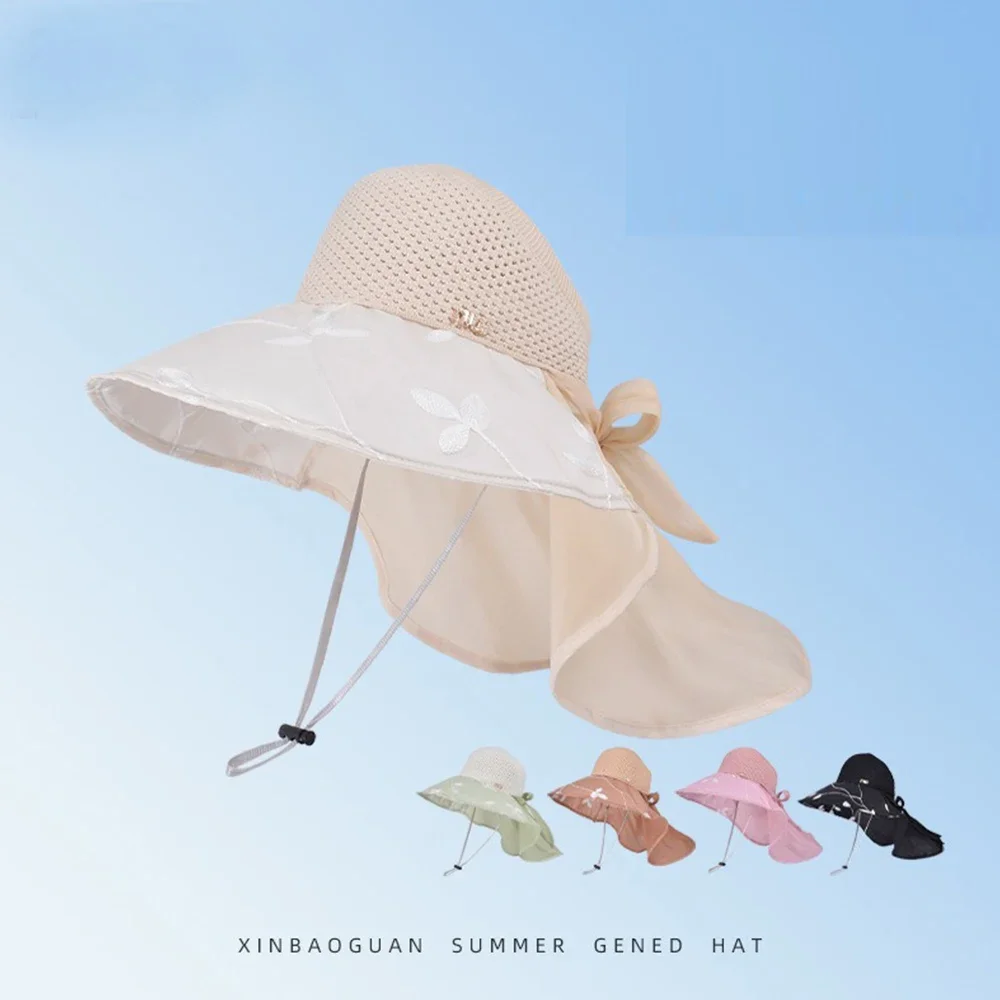 

Summer Women Bucket Hat with Shawl Lightweight Breathable Mesh Face Neck Protection Sun Hat Bow Pleat Design Travel Beach Cap