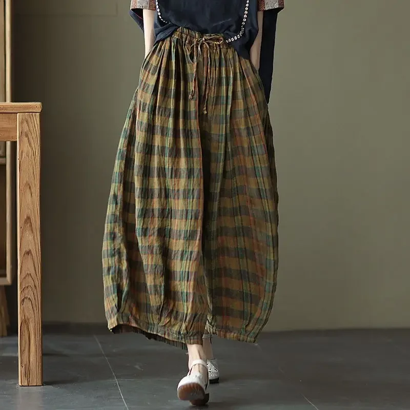 

Summer New Plaid Printing Oversize Lantern Pants Women Elastic Waist Pockets Cotton Hemp Contrast Color Wide Leg E700