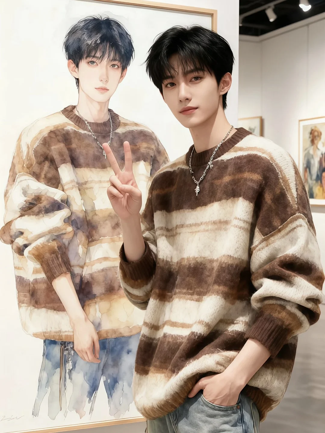 

Мужской вязаный свитер в коричневую полоску, зимний, теплый, мягкий, уютный, с длинным рукавом, круглым вырезом, для ношения под одеждой