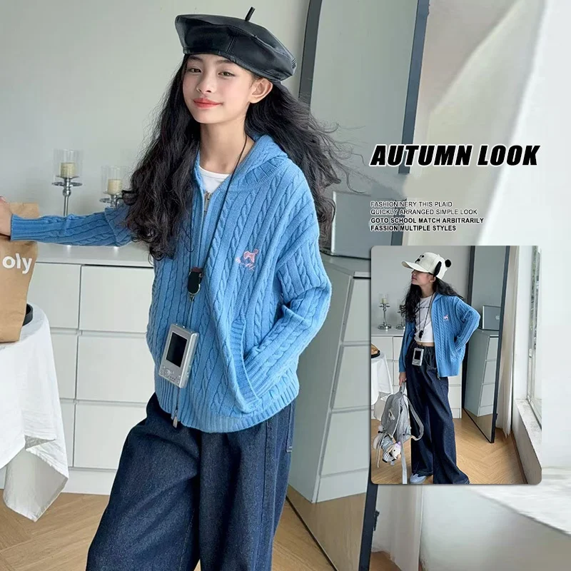 

Kid Sweater Ages 4-14Y Baby Girl Casual Fashion Spring&Autumn Hooded Cardigan Tween Vintage Outfit Child Korean Preppy Knitted