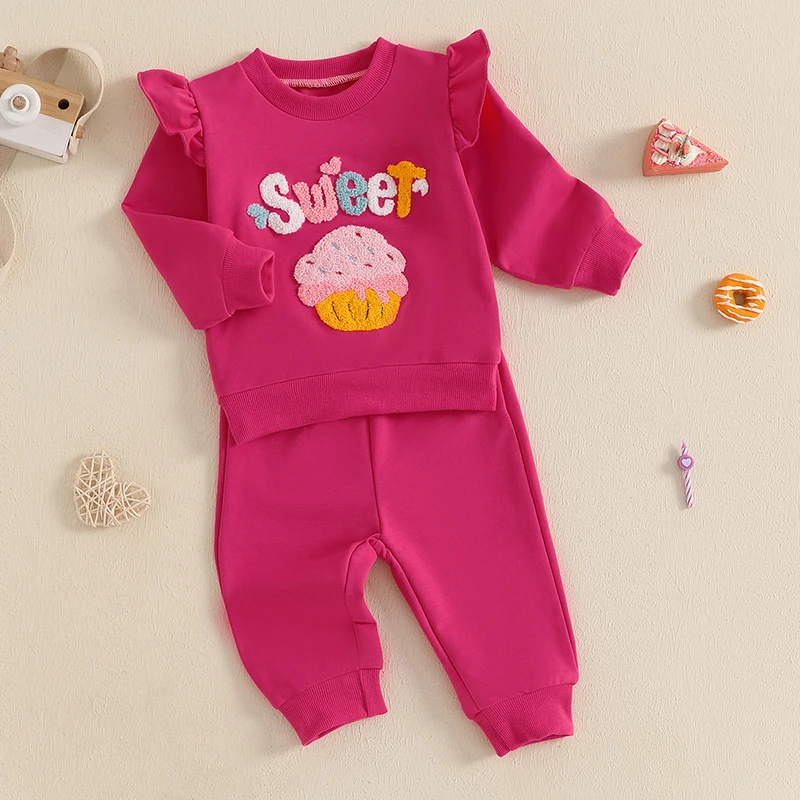 ملابس الخريف للفتيات الصغيرات، سويت شيرت بأكمام طويلة وكشكشة مطرزة بأحرف وسراويل مرنة، مجموعة ملابس أطفال مكونة من قطعتين