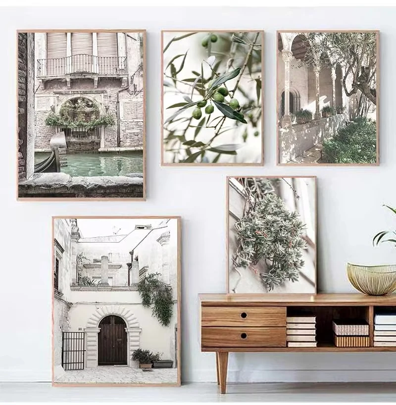 Minimalist Olive Tree Branches Leaves Architecture Painting Canvas, Scandinavian Wall Art, Italy Architecture Posters