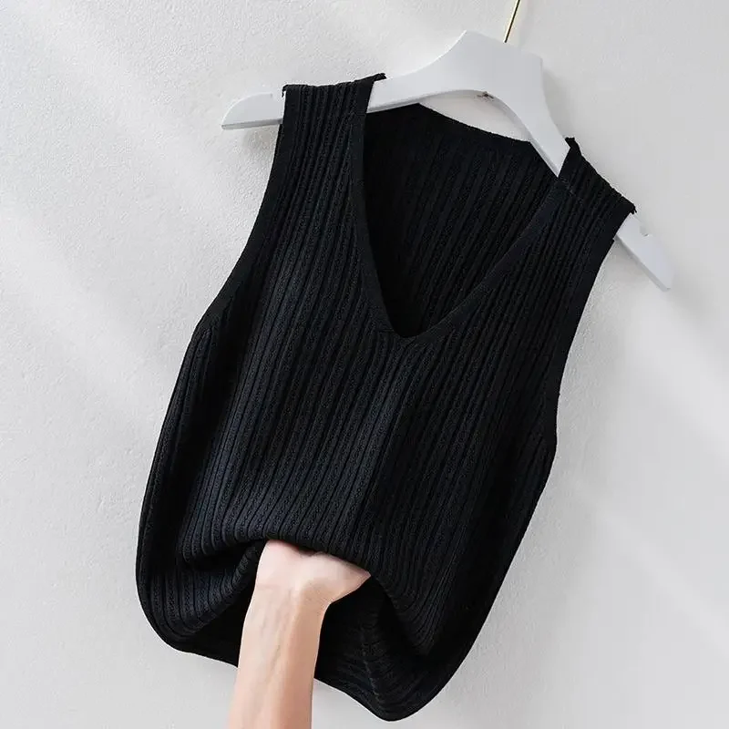 Summer New Female All-match Bottoming Knitted Top Korean Fashion Tees Women Clothing V-neck Sleeveless Pullover Casual Vest