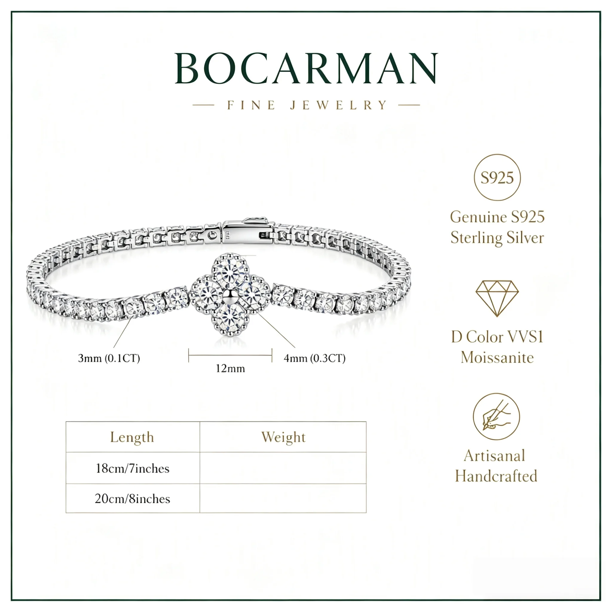 Bocarman 14K Gold Plated S925 Four Leaf Clover Moissanite Bracelet | GRA D Color VVS1 | Symbol of Luck Enduring Charm