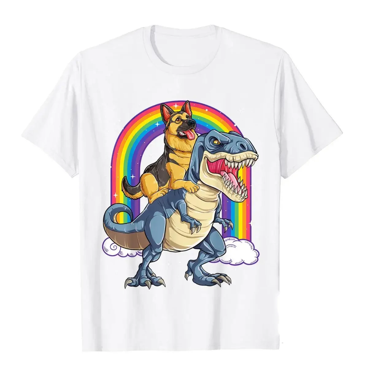 German Shepherd Riding Dinosaur T Rex Tshirt for Men Rainbow T-Shirt Cotton Design Tops T Shirt Faddish Mens T Shirts 62478