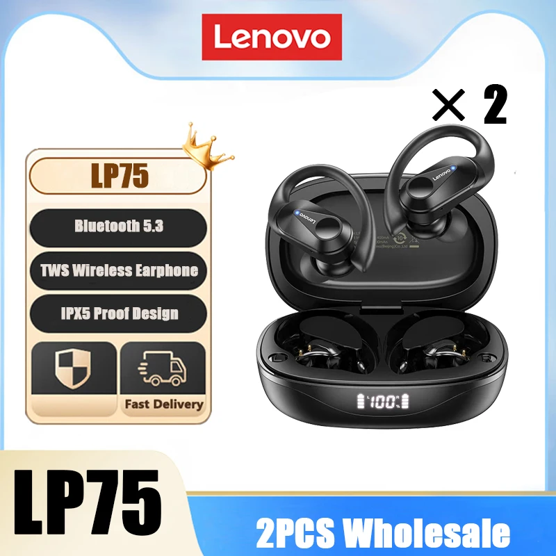 

2PCS Lenovo LP75 TWS Sports Earphones Bluetooth 5.3 Wireless Headphones Waterproof HiFi Stereo Noise Reduction Earbuds with Mics