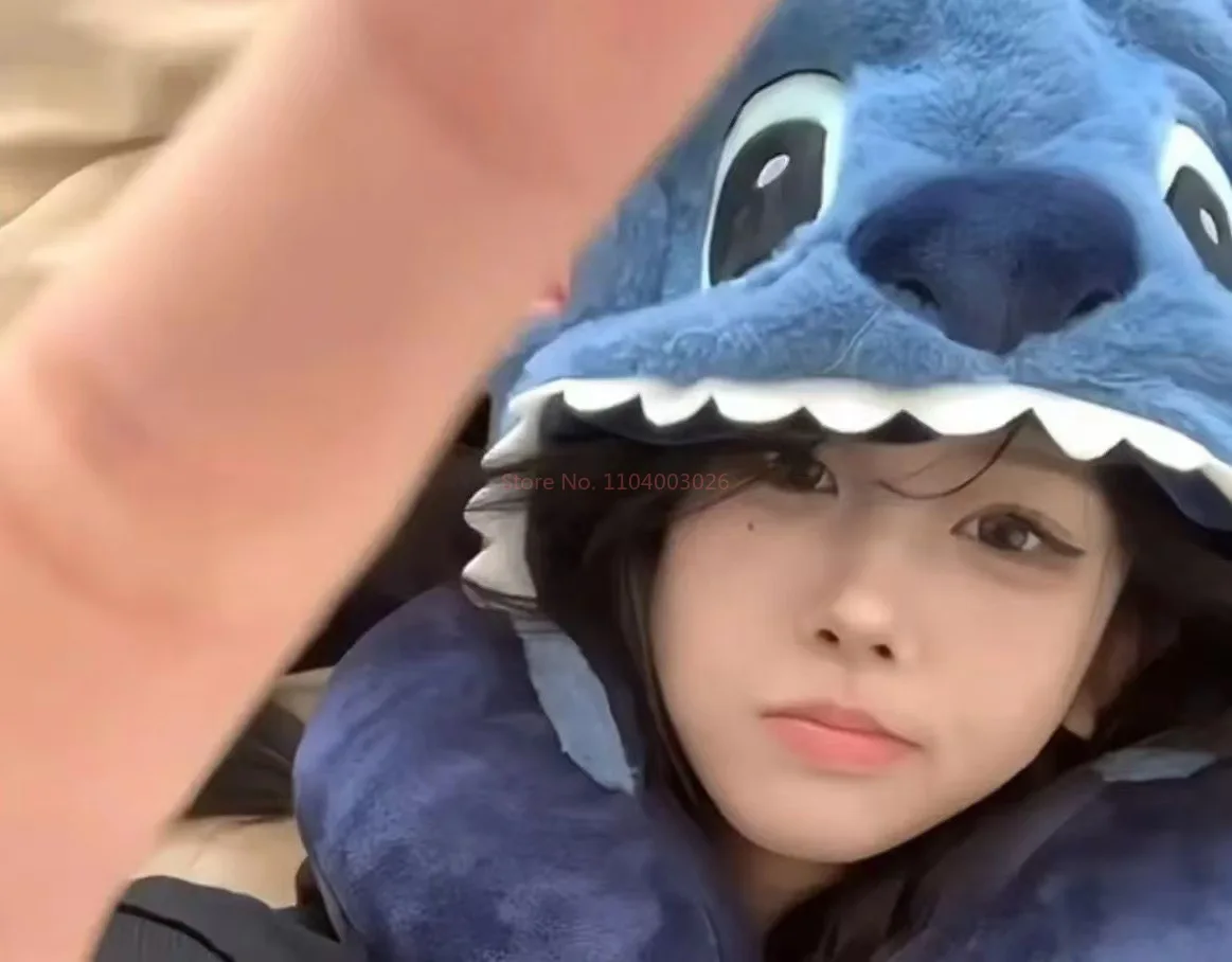 Disney Stitch U-Shaped Hooded Neck Pillow Travel Blackout Nap Pillow Eye Mask Office Comfortable Plush Pillow With Hat Portable
