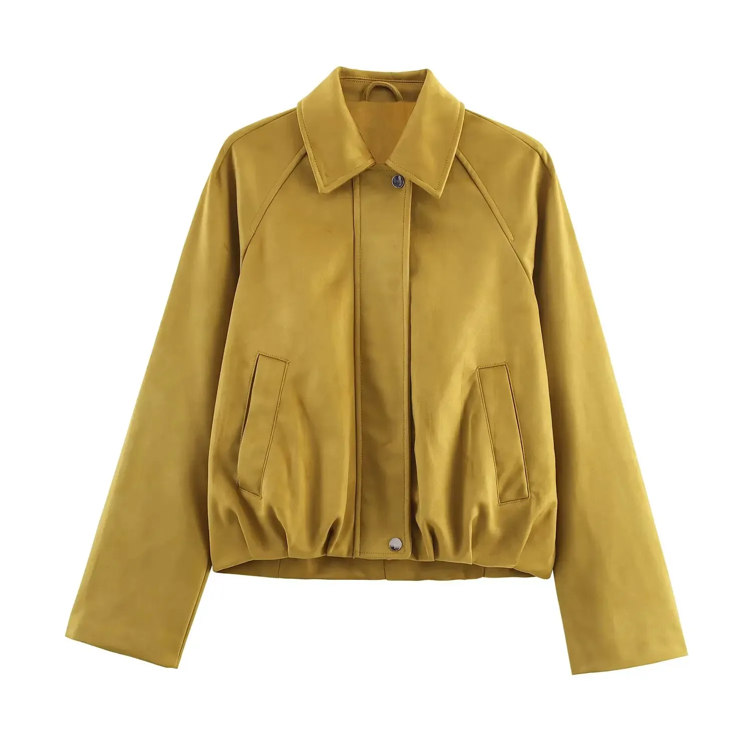 

HH Women's Autumn Fashion Vintage Suede Effect Pilot Short Jacket Female Lapel Zipper Pocket Decoration Long Sleeve Outwear