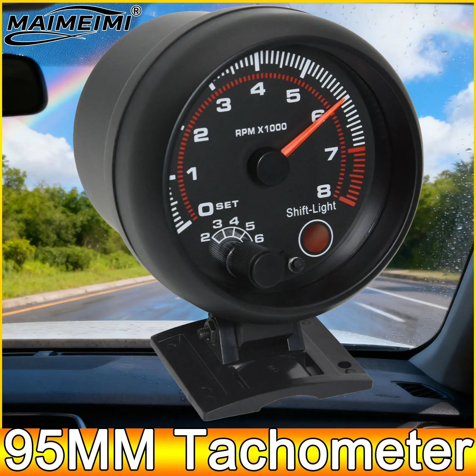 Schwarzer Drehzahlmesser mit Roter Schaltanzeige Universal 3,75 Zoll 95mm 12V Weiße LED Auto 0-8000 U/min Messgerät Tachometer – Detail 2