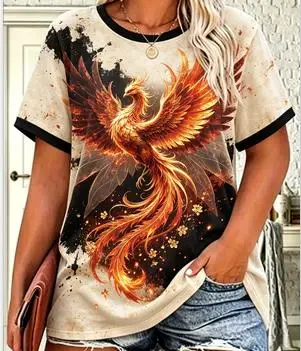 Women Phoenix Fire Flame Art Print Ringer T‑Shirt Vintage Oriental Myth Creature O‑Neck Short Sleeve Casual Street Tops