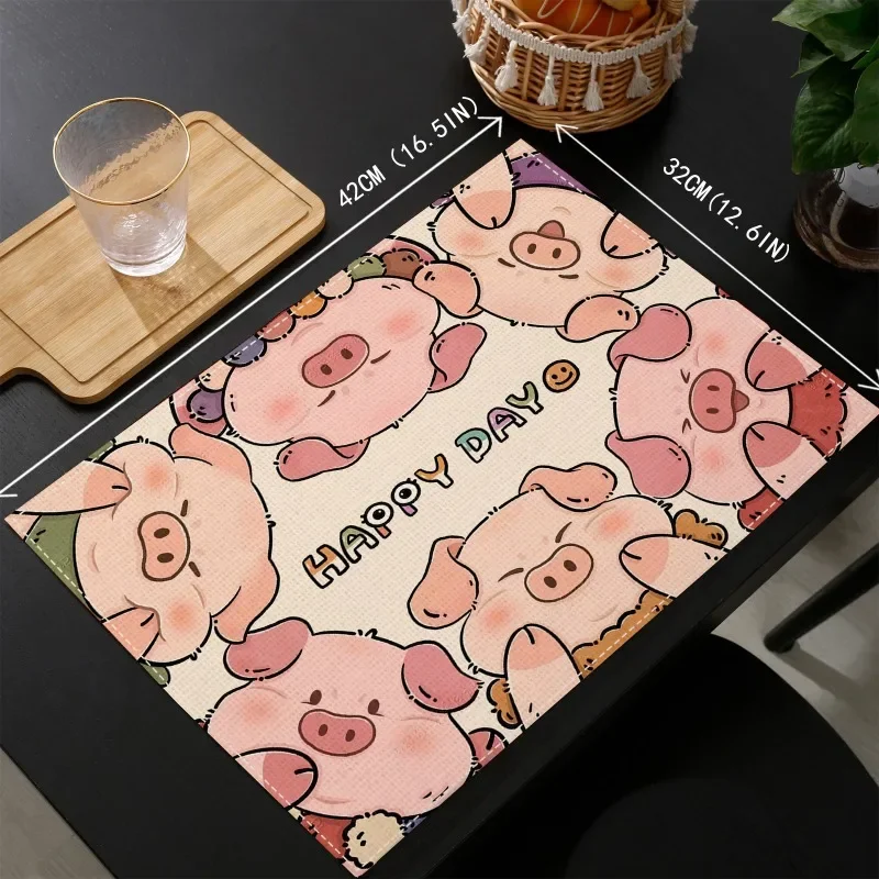 

4/6/8Pcs Cute Pig Illustrations Linen Happy Day Placemat for Spring Summer Autumn Winter Festivals 32*42CM Linen Tableware Pads