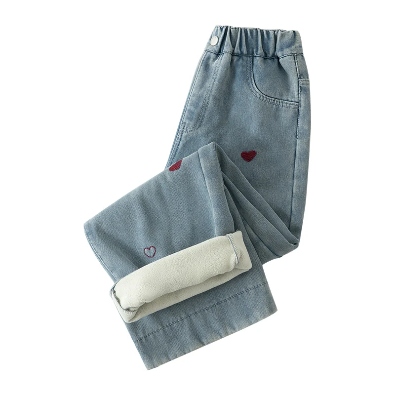 Pantaloni a Gamba Larga Ricamati per Ragazze Thiened Fce, Jeans Casual alla Moda Invernali per Ragazze dai 6 ai 12 Anni