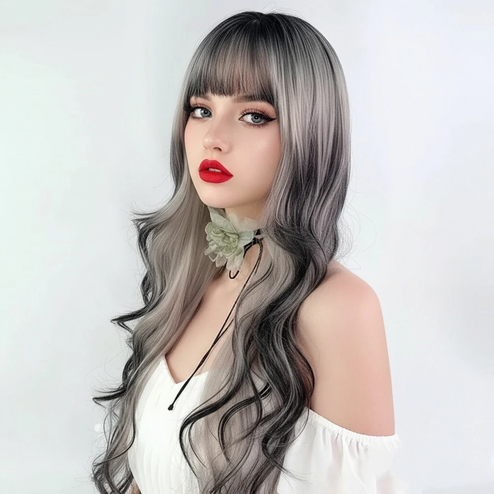 Black Ombre Beige long Synthetic Wavy Wig with Bangs Fluffy Lolita Cosplay Heat Resistant Wig for Daily Party