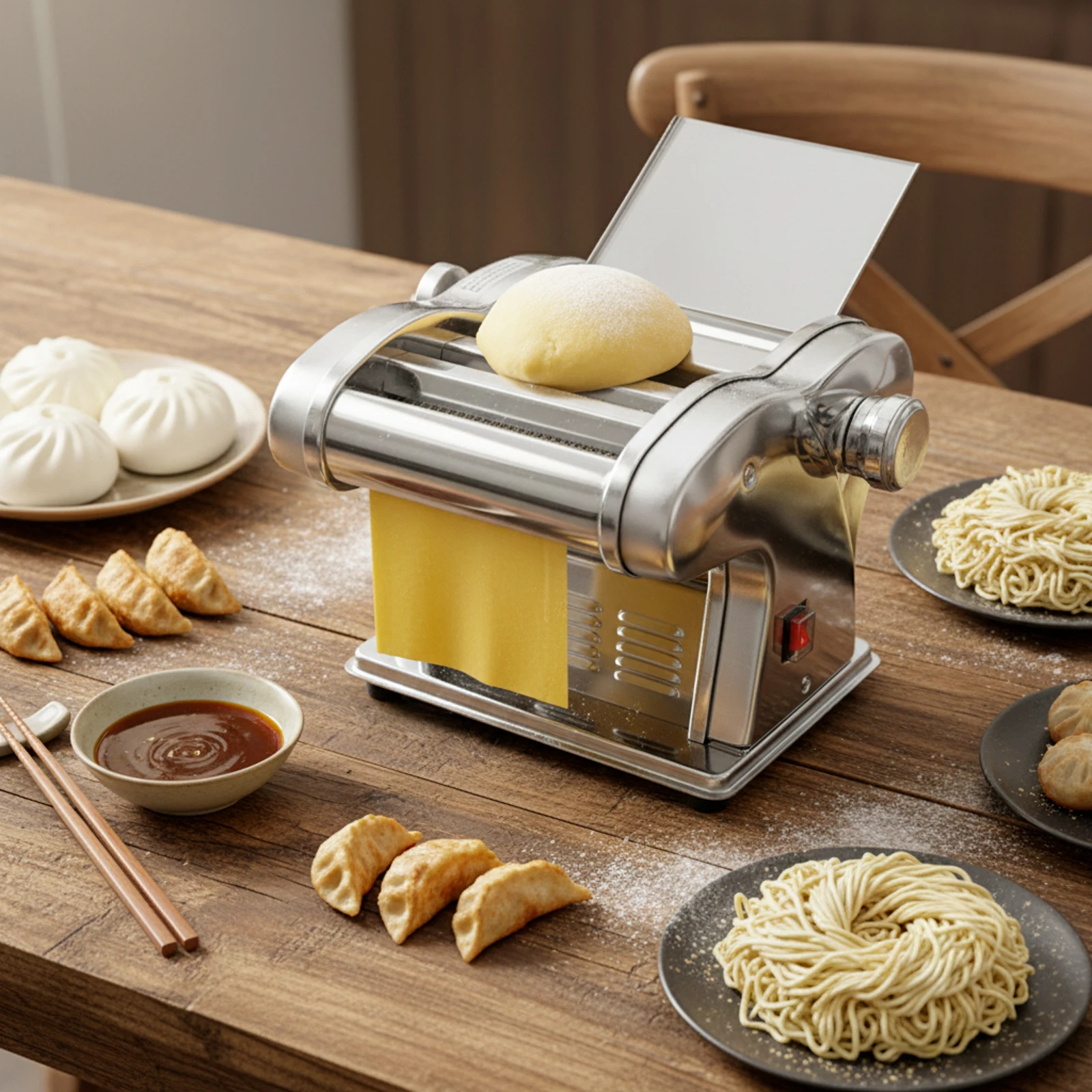 Electric Pasta Machine Stainless Steel Noodle Maker with 3 Blades 8-Level Thickness Adjustable 0.5-4mm Dough Presser 135W US Plug for Homemade Lasagna Spaghetti Dumpling Wrappers Kitchen Appliance view 3