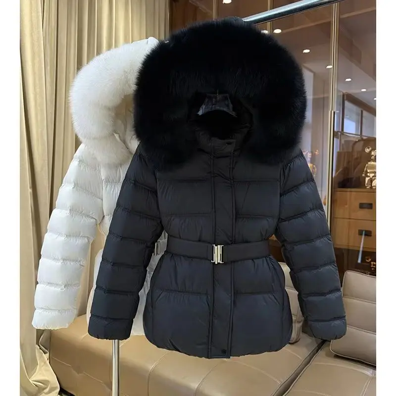 ZAROY Luxury Fuzz Fur Collar Hooded Coat Lady Winter Cotton Padded Jacket Elegant Belted Outerwear Windproof Snow Parka куртка