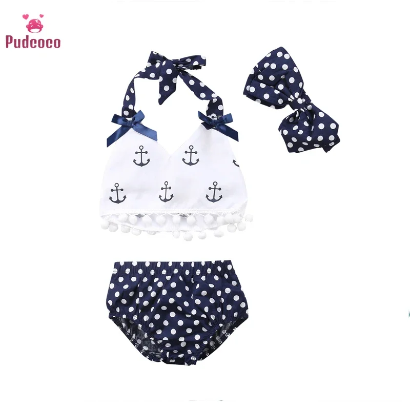 2024 3Pcs Fashion Casual Kids Baby Girls Anchors Tops and Polka Dot Briefs Set Sunsuit Halter Bathing Suit Outfits Set Hot 0-24M