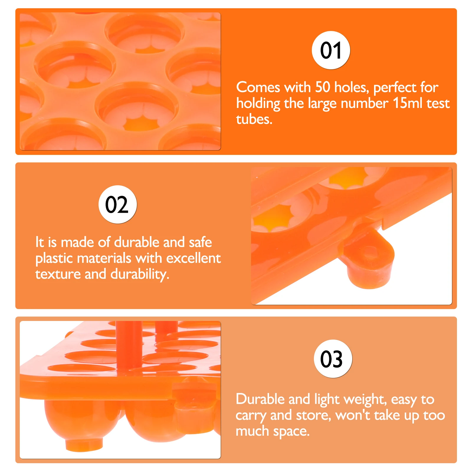 

Plastic Test Tube Rack with 50 Holes for 15ml Tubes Lab Orange Stand Container Safe Lightweight Storage Solution