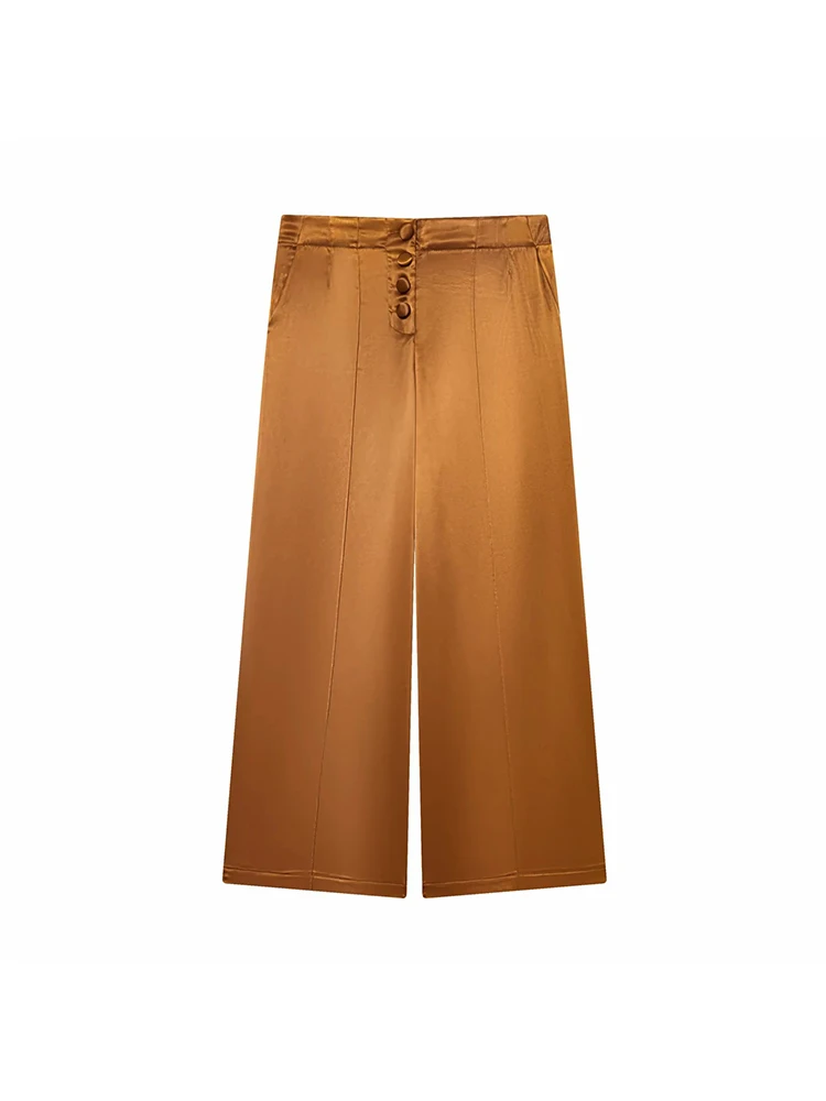 المرأة الجديدة الصيف زر ارتداء بلون عارضة أنيقة مطوي الديكور مع الساتان السراويل واسعة الساق #1