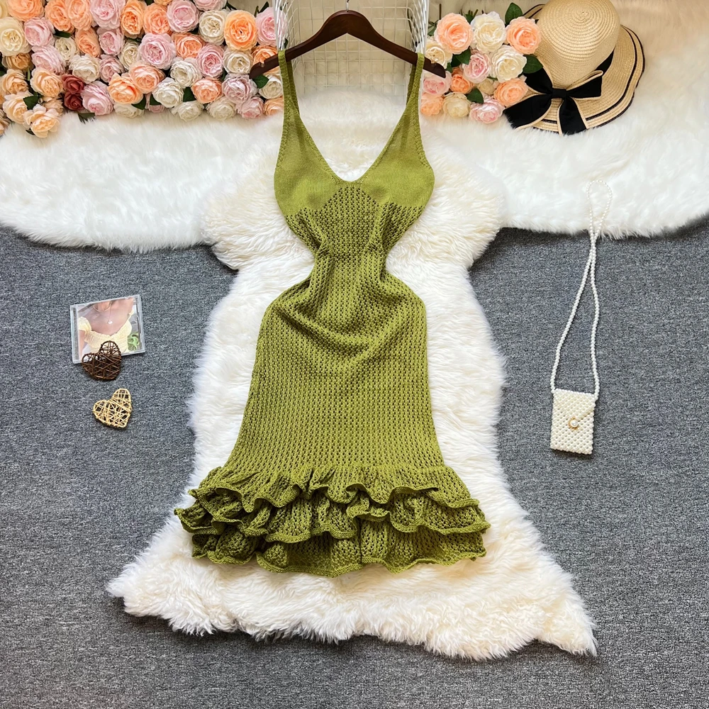 

YuooMuoo Chic Fashion Sexy Package Hips Ruffled Knitted Mini Dress 2025 Summer Beach Style Spaghetti Straps Bodycon Party Dress