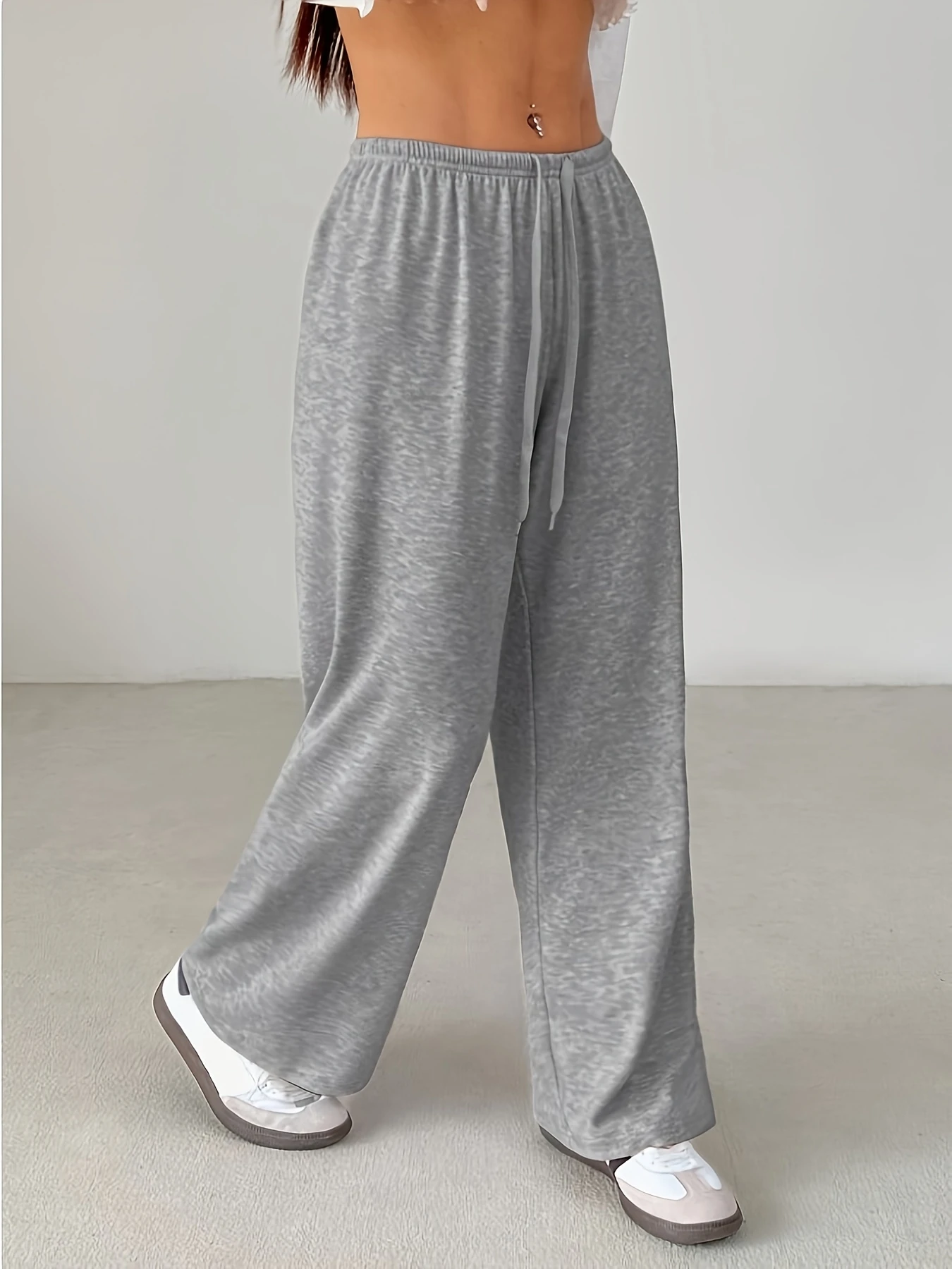 Women's High-Elastic Wide-Leg Trousers with Drawstring Waist - Solid Gray Stretch Pants Suitable Machine Washable Casual