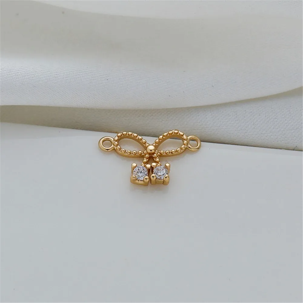 14K Gold Inlaid Zircon Bow Double Pendant Bracelet Necklace and Small Pendant, DIY Earrings, 9*14mm