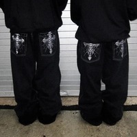American Gothic Rock Skeleton Bone Letter Pattern Oversized Jeans Men's Y2K Street Hip Hop Harajuku Loose Wide Leg Work Pants