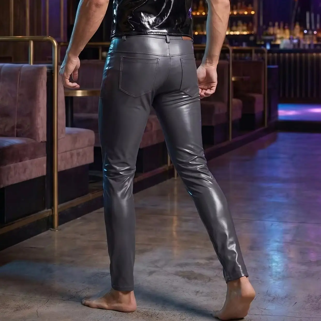 Double Sided PU Leather Casual Trousers Wet Look PVC Pencil Pants Pockets Motorcycle Fashion Streetwear Leggings Nightclub Stage