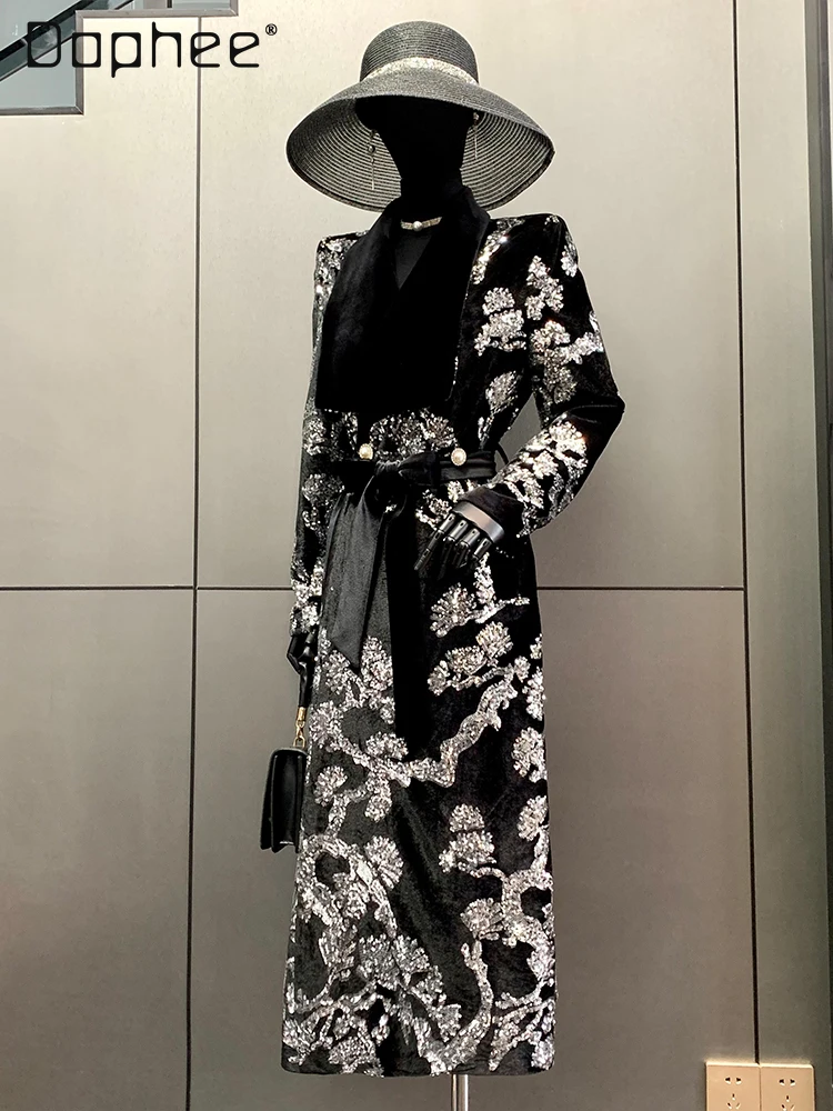 Heavy Sequin Flocked Trench Coat for Women Lace-Up Slimming Elegant Coat 2025 Autumn Winter New Vintage High-End Socialite Coats