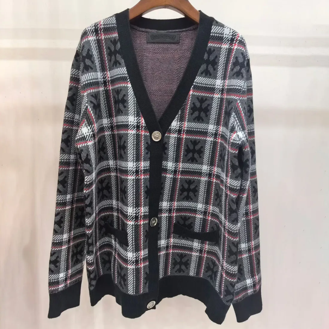 

Высококачественный свободный клетчатый цвет в европейском стиле в стиле ретро, вязаный длинный топ V-Ne, женская зимняя верхняя одежда, открытый кардиган