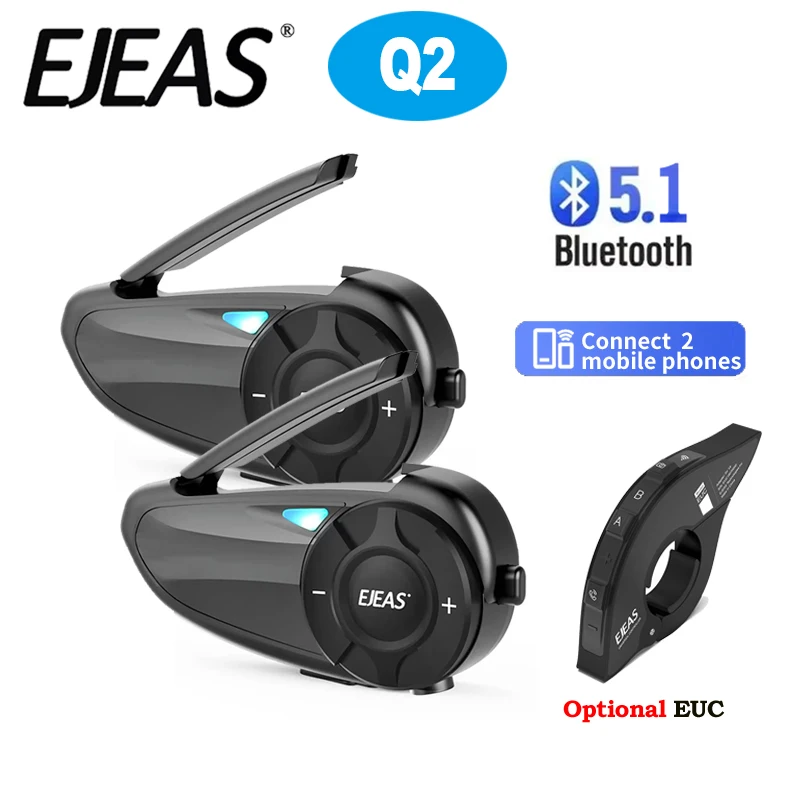 

EJEAS Q2 Motorcycle Helmet Intercom Headset Bluetooth 5.1 Wireless Waterproof 2 Riders Quick Pair FM Radio Denoise Optional EUC