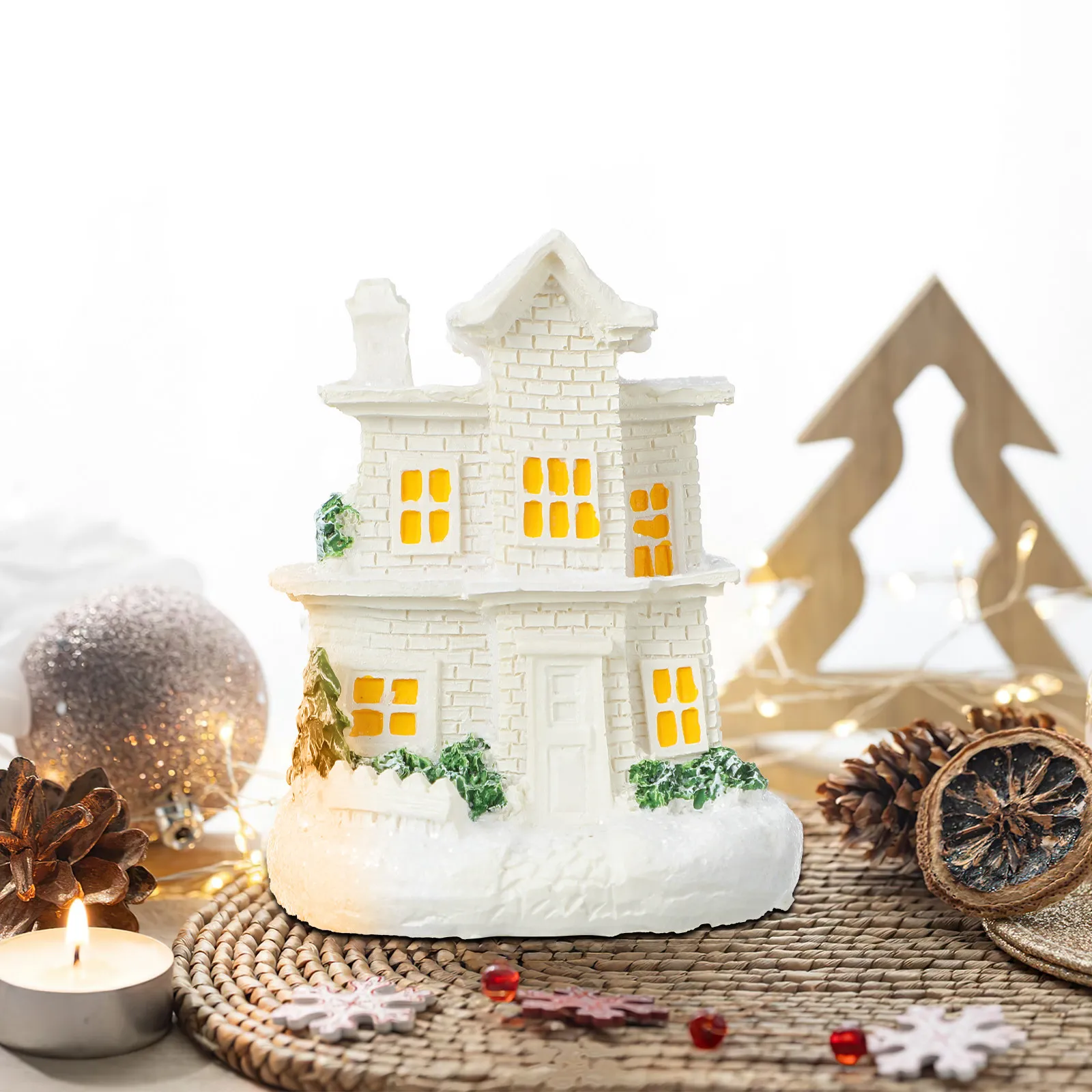 

3Pcs Lighted Christmas Village Houses Resin Mini Houses for Micro Landscape Holiday Decor Tabletop Mantel Centerpiece Xmas Gifts