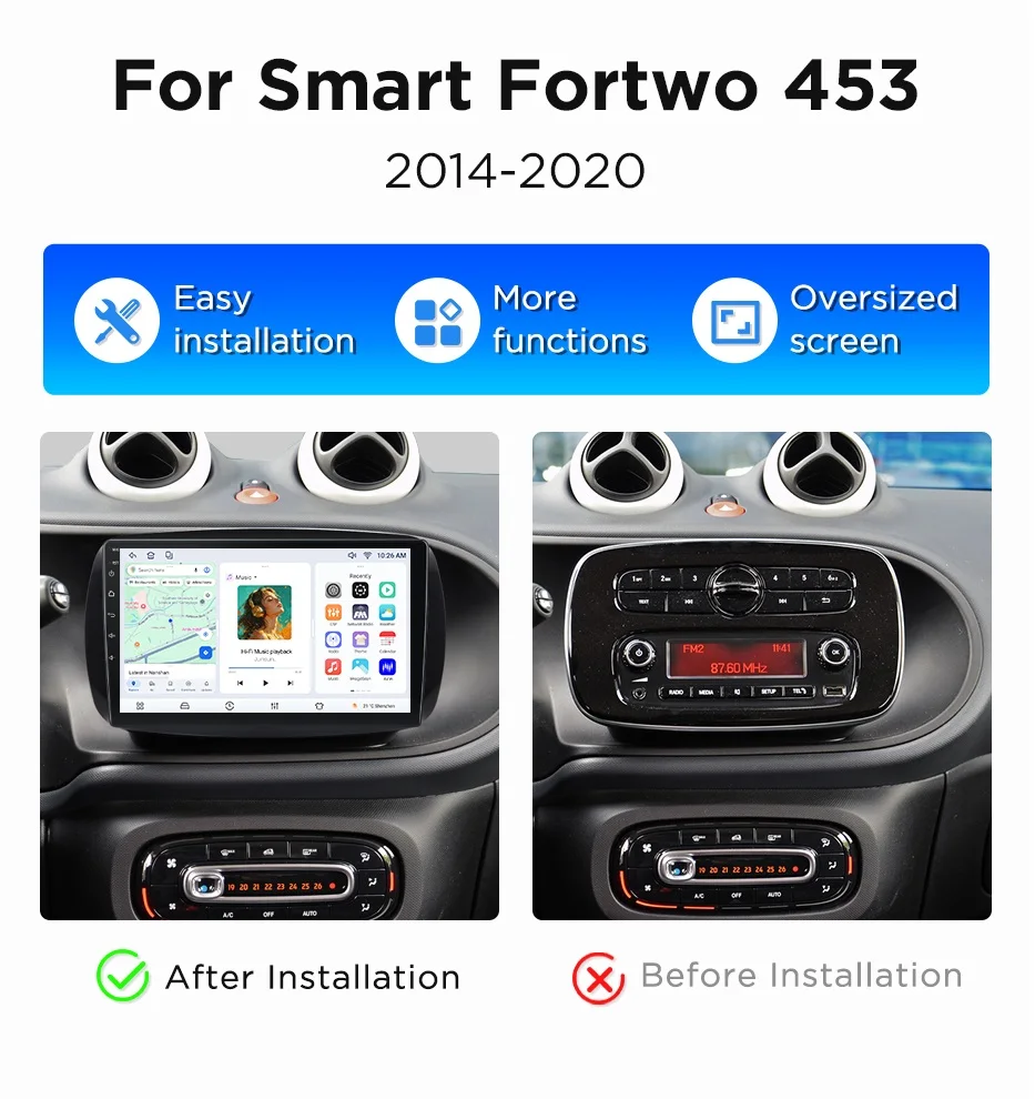 Junsun Kabelloses CarPlay Android Auto Autoradio für Mercedes Benz Smart 453 Fortwo 2014-2020 2 DIN Multimedia-Stereoanlage mit integriertem Lüfter GPS-Navigation SWC Bluetooth FM RDS DSP IPS-Bildschirm Intelligente Autosysteme – Detail 4