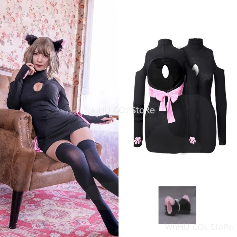 Original Design Long Black Sweater Dress Cat Girl Cosplay Cat's Paw Sleeves Socks Women Girls Sexy Dress Halloween Date Dress