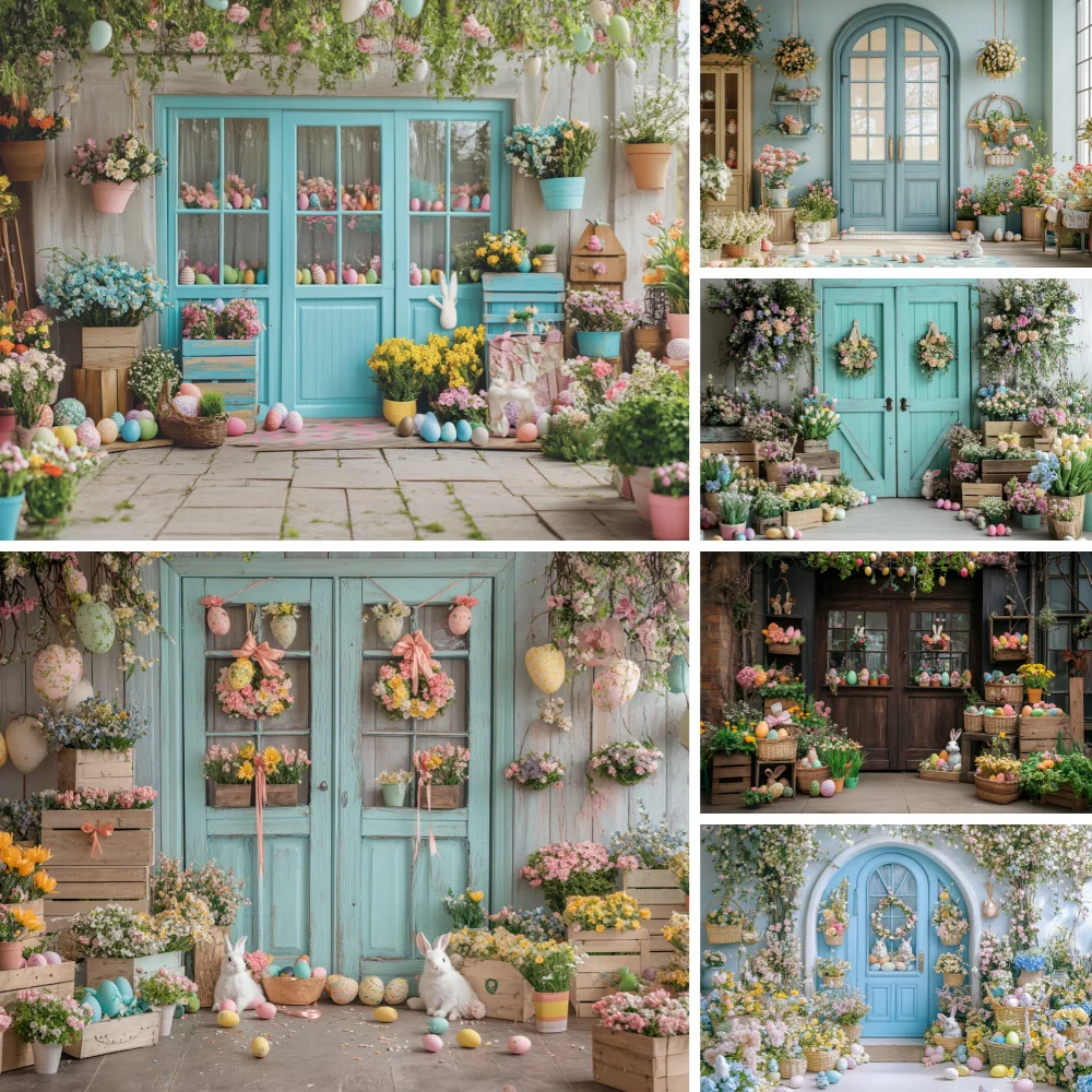 

Easter Day Photography Backdrop Spring Flower Easter Rabbit Colorful Eggs Blue Cabinet Photocall Background Photo Studio Props
